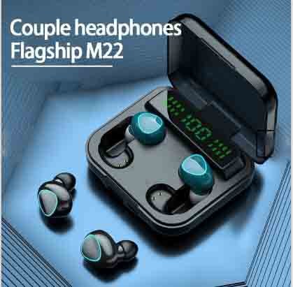 New M22 TWS Couple Wireless Earbuds - HD LED Display With Waterproof Dual Microphone & Power Bank